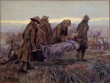 This charcoal-wash picture entitled "Stretcher Party" by George Edmund Butler was displayed in 1952 Exhibition of Official War Paintings by New Zealand Artists.